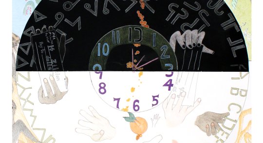 Shuvinai Ashoona's Composition (Clock) is a coloured pencil drawing featuring a large circular form split between black upper and white lower sections marked with Inukitut syllabics and Arabic numerals, surrounded by soft coloured drawings of the sea goddess Sedna and other figures