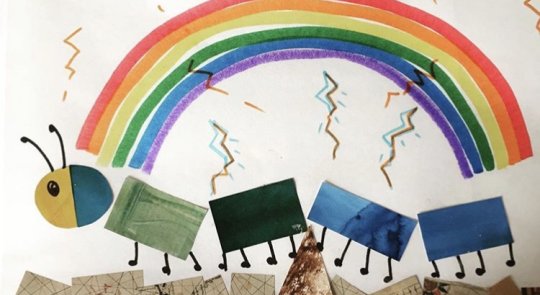 A collaged child's picture of a caterpiller walking under a rainbow and radiating colourful squiggle marks